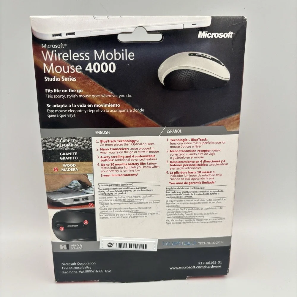 Microsoft Mobile 4000 Wireless Mouse BlueTrack Technology USB White Sealed New